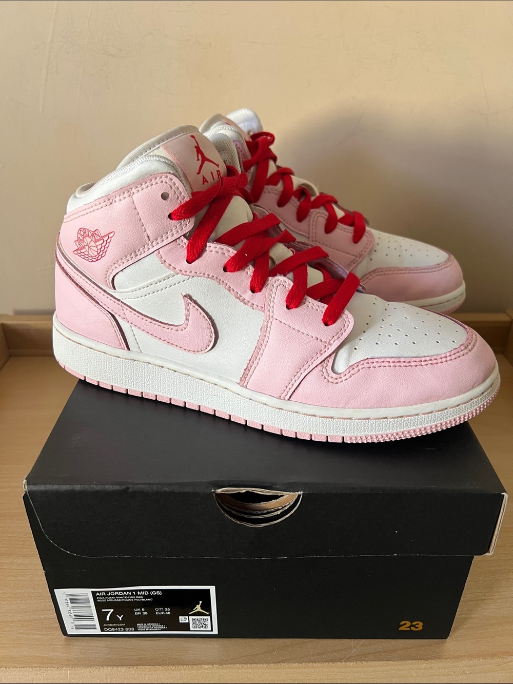 Nike Air Jordan 1 Mid (GS) Sneakers Pink Foam/White-Fire Red 7 Youth/Women’s 8.5